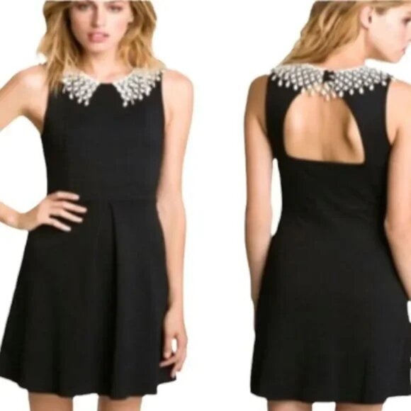 FREE PEOPLE OPEN BACK WAFFLE TEXTURE CROCHET NECKLINE BLACK DRESS MEDIUM-EUC - Picture 2 of 9